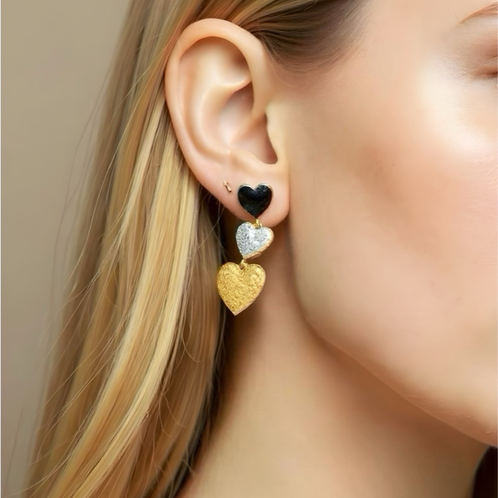 Elegant Triple Heart Earrings - Black, Silver, and Gold Hypoallergenic
